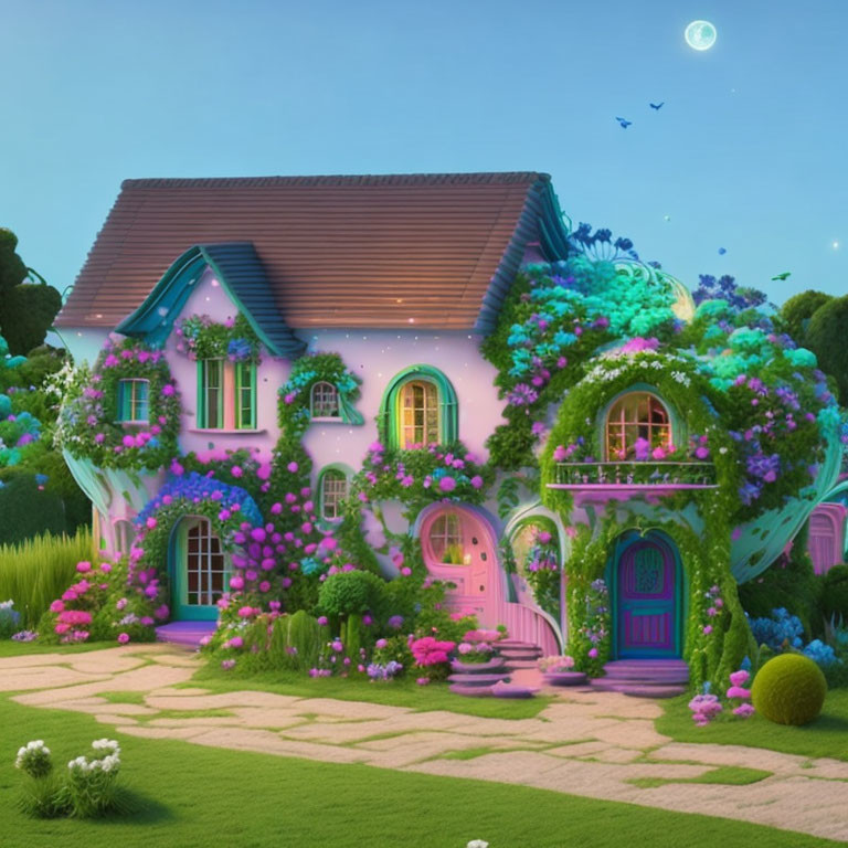 Colorful whimsical house with lush greenery and vibrant flowers in a dusk setting