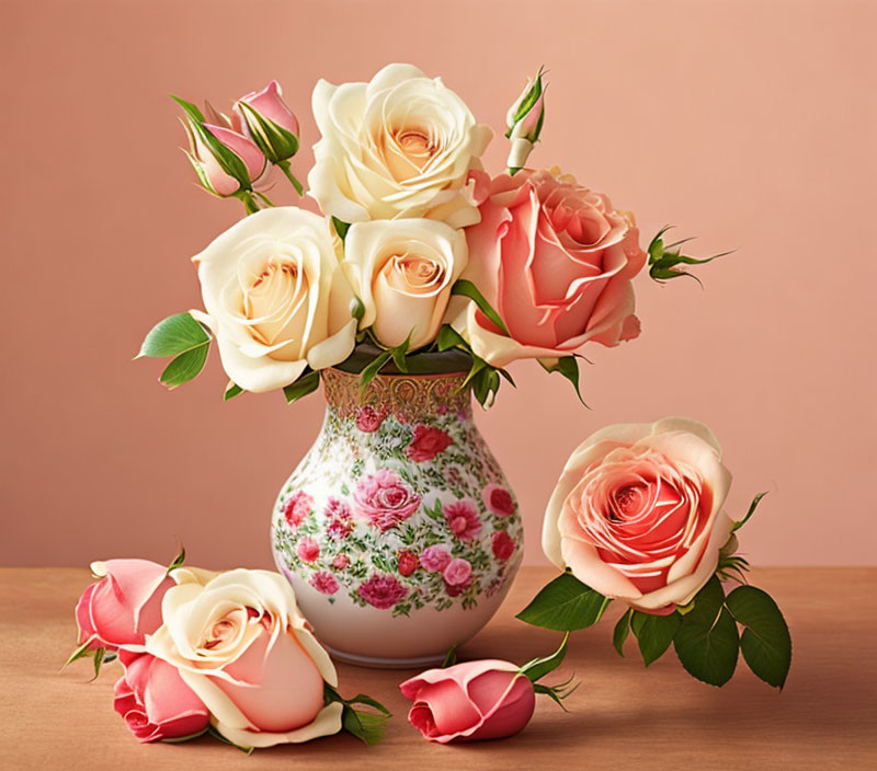 Pink and White Roses in Floral Vase on Peach Background