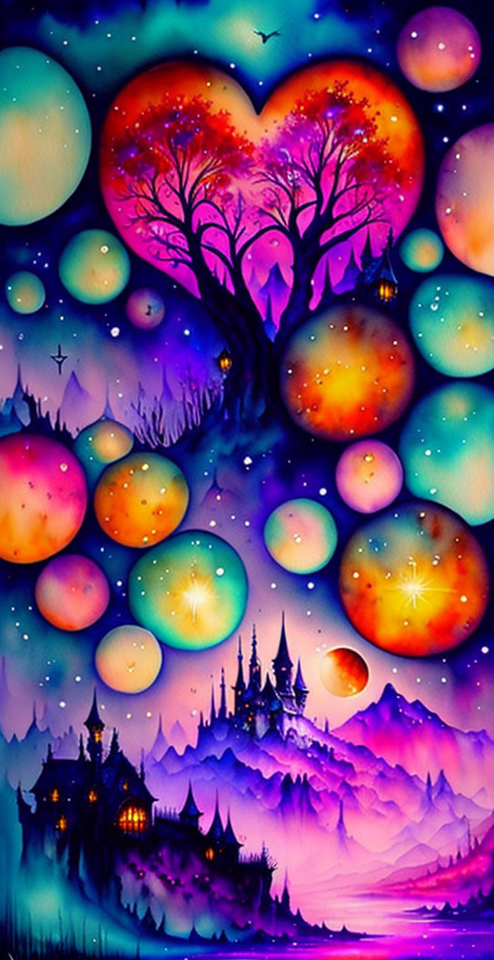 Fantasy artwork: Tree silhouette heart, colorful orbs, whimsical castle landscape