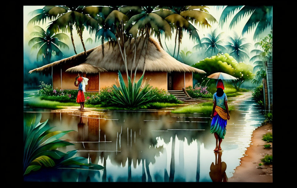 Serene village scene with individuals, umbrella, water body, and thatched hut