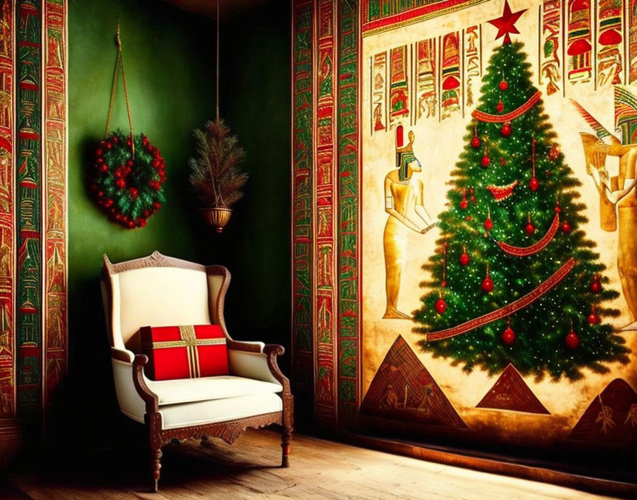 Festive Christmas-themed room with tapestry, armchair, and wreath