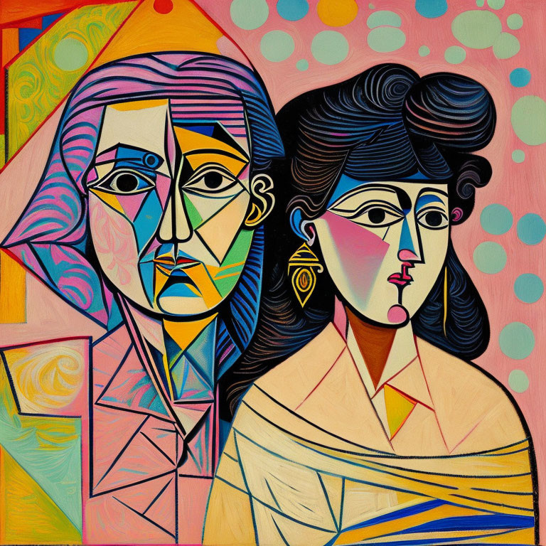 Vibrant Cubist Painting of Man and Woman with Geometric Shapes