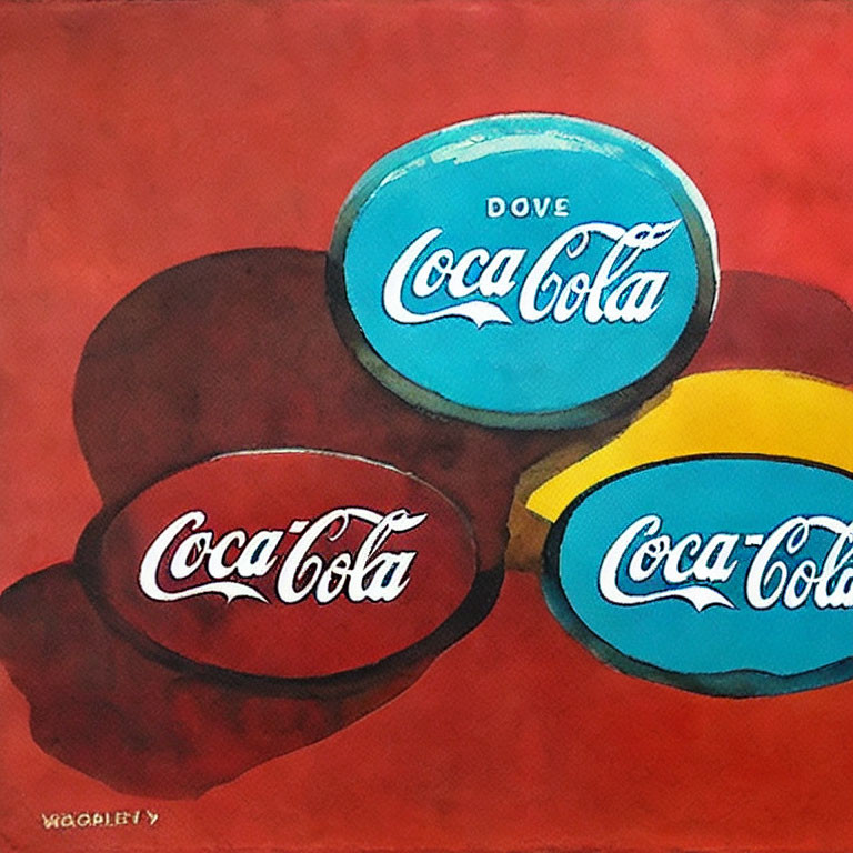 Three overlapping bottle caps with Coca Cola and Dove logos on red background