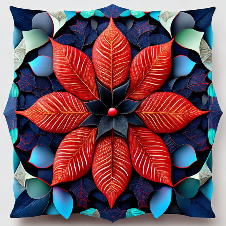 Symmetrical digital artwork with red leaf pattern and blue geometric shapes