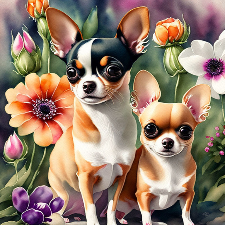 Chihuahua dogs with expressive eyes and colorful flowers