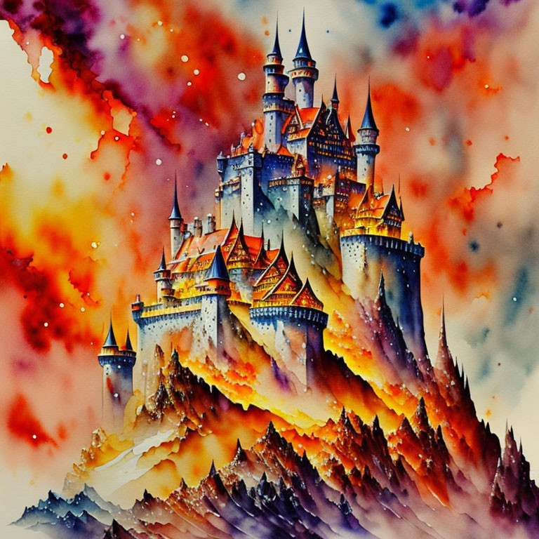 Fantastical castle watercolor painting with autumn hues