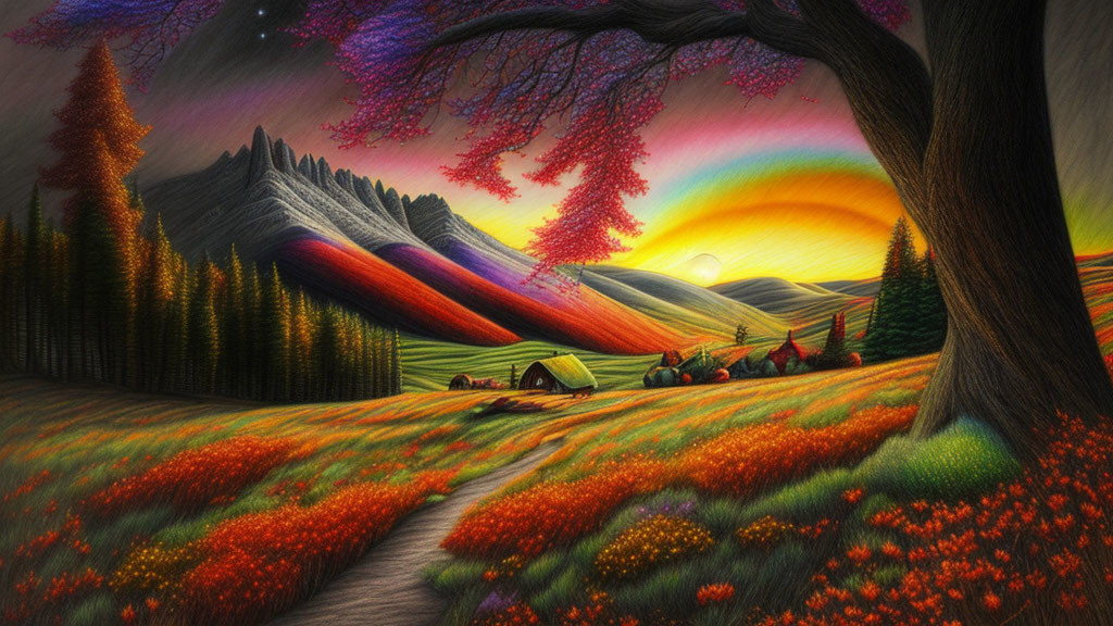 Colorful landscape with rainbow, hills, tent, and horse-drawn carriage