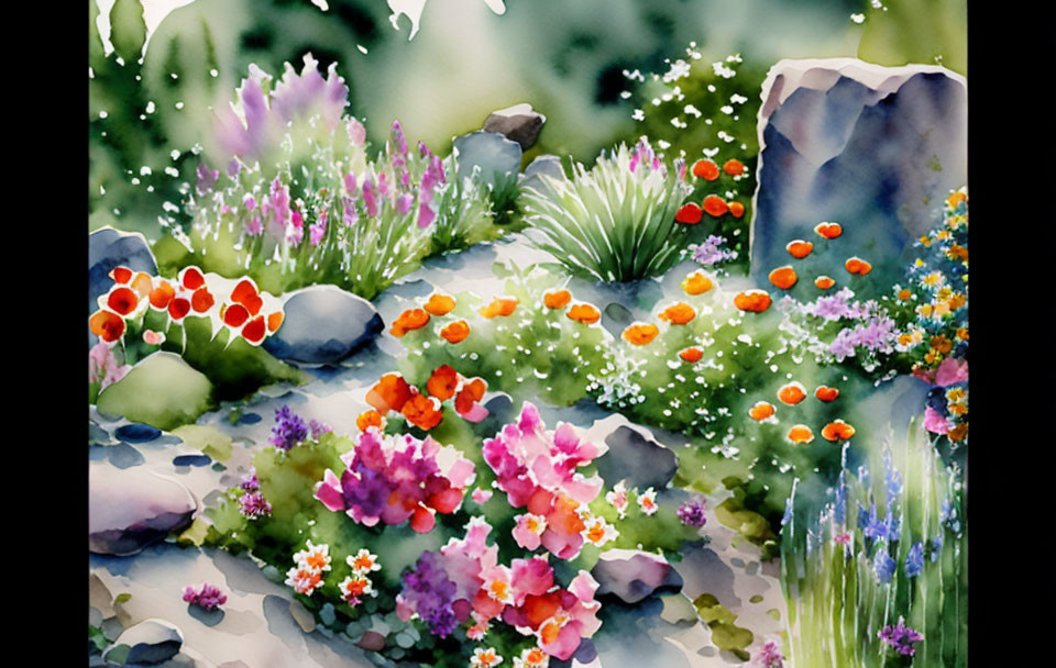 Colorful Watercolor Painting of Lush Garden Flowers