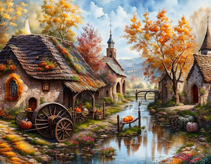 Autumn village scene with stone cottages, stream, bridge, fall foliage, and pumpkins