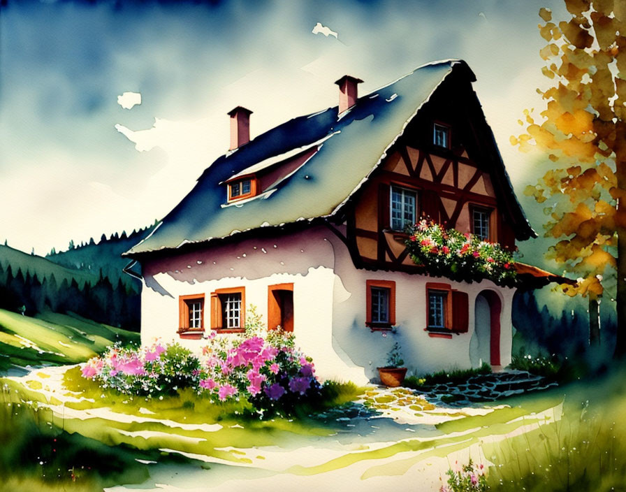 Vibrant watercolor painting of quaint cottage and lush scenery