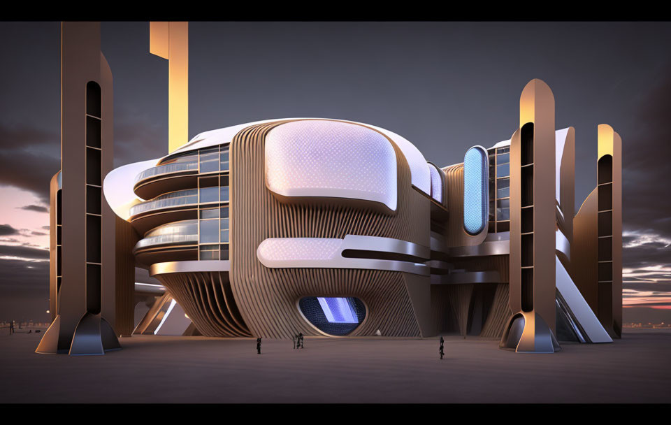 Curved futuristic building with illuminated windows and towering structures against twilight sky.