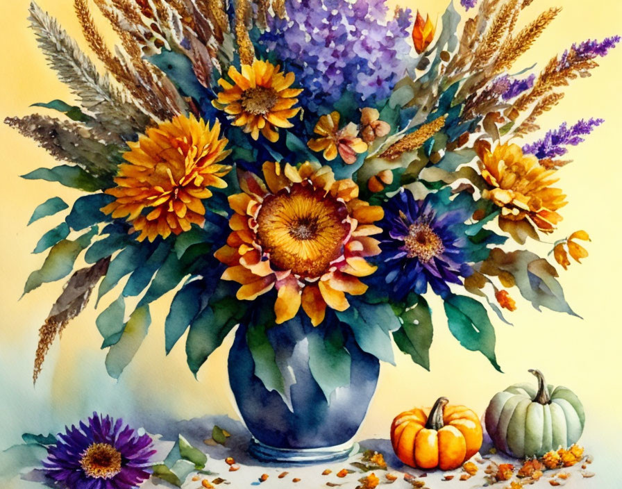 Autumnal floral watercolor painting with sunflowers and pumpkins