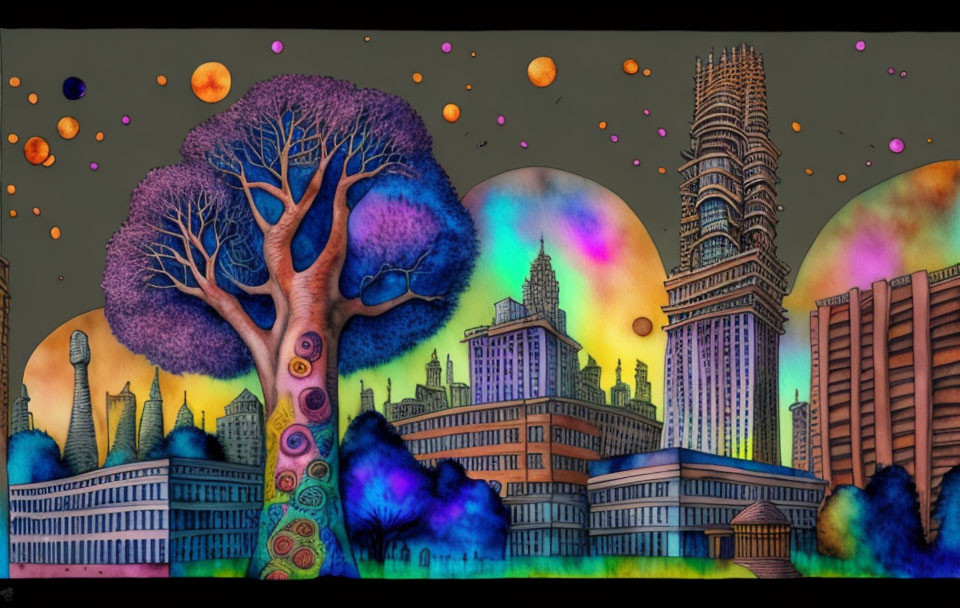 Colorful fantasy cityscape with whimsical elements and modern-fantastical buildings at dusk