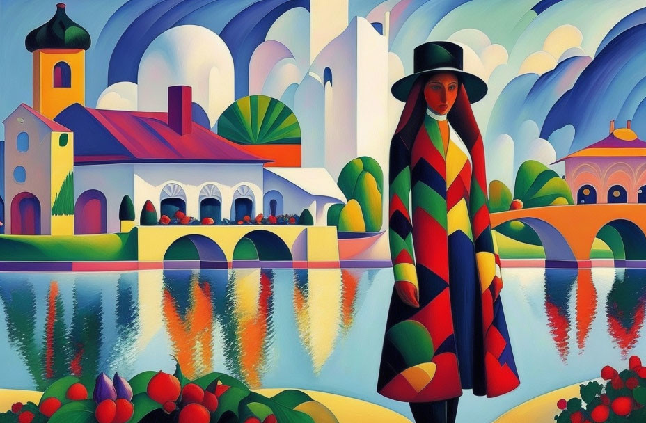 Vibrant patchwork coat figure by river with whimsical landscape