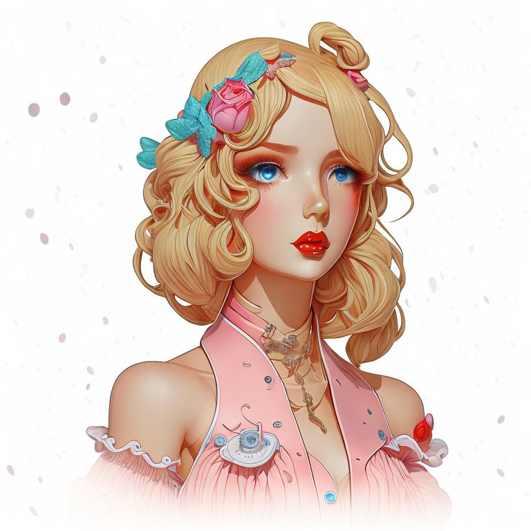 Blonde woman with rose hairpiece in pink outfit