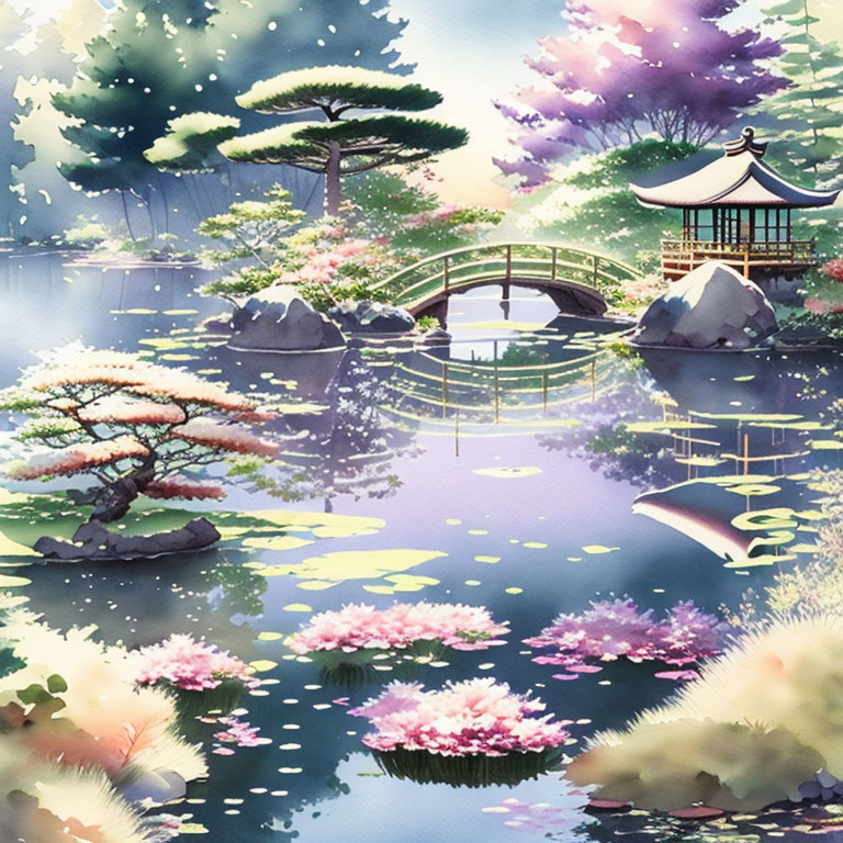 Tranquil Asian garden watercolor with pond, arched bridge, blossoming trees, lilyp