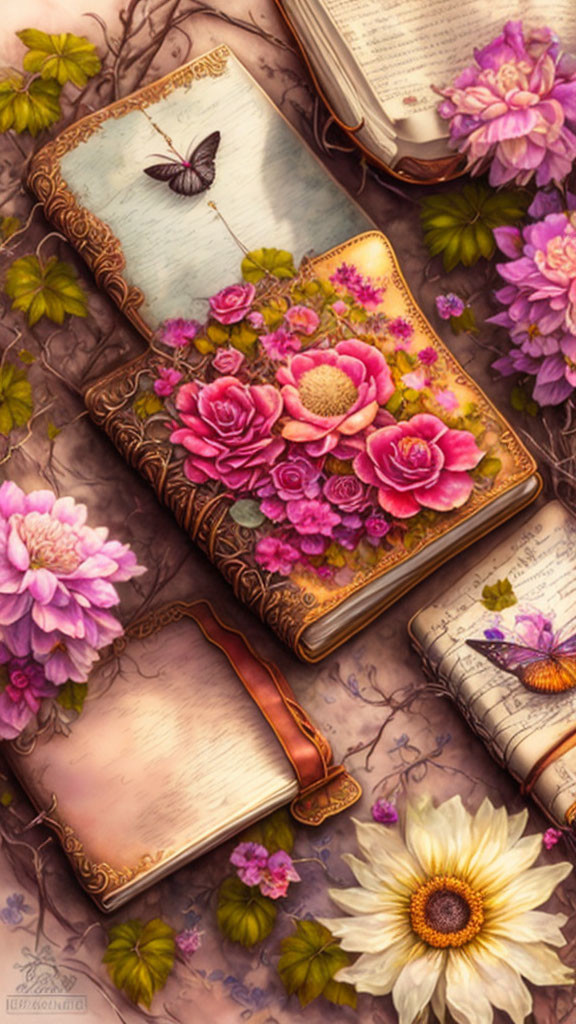 Open book with flowers, butterflies, and blooming flowers on wooden surface