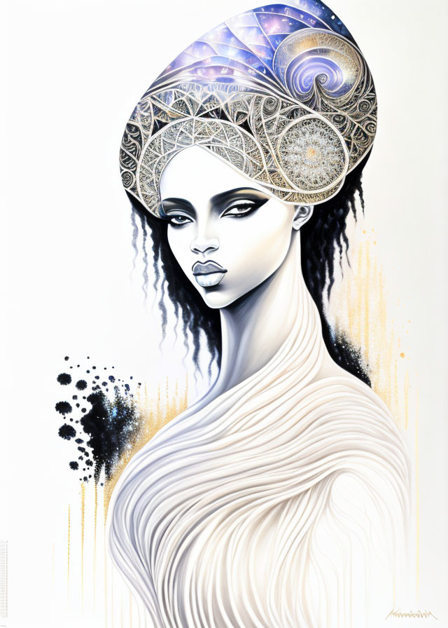 Stylized woman illustration with cosmic headdress and ink splashes