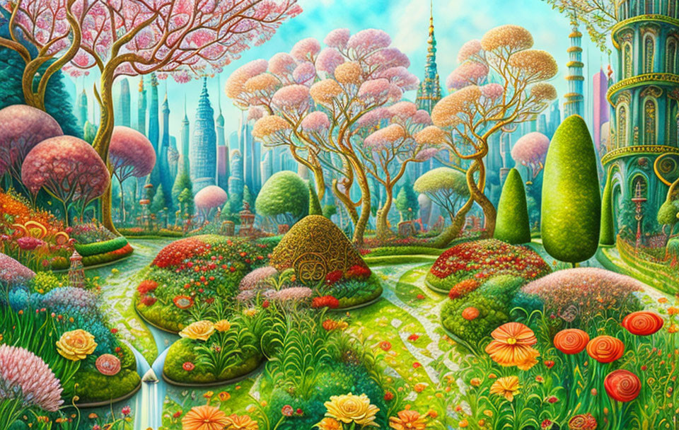 Colorful fantastical garden with cityscape backdrop