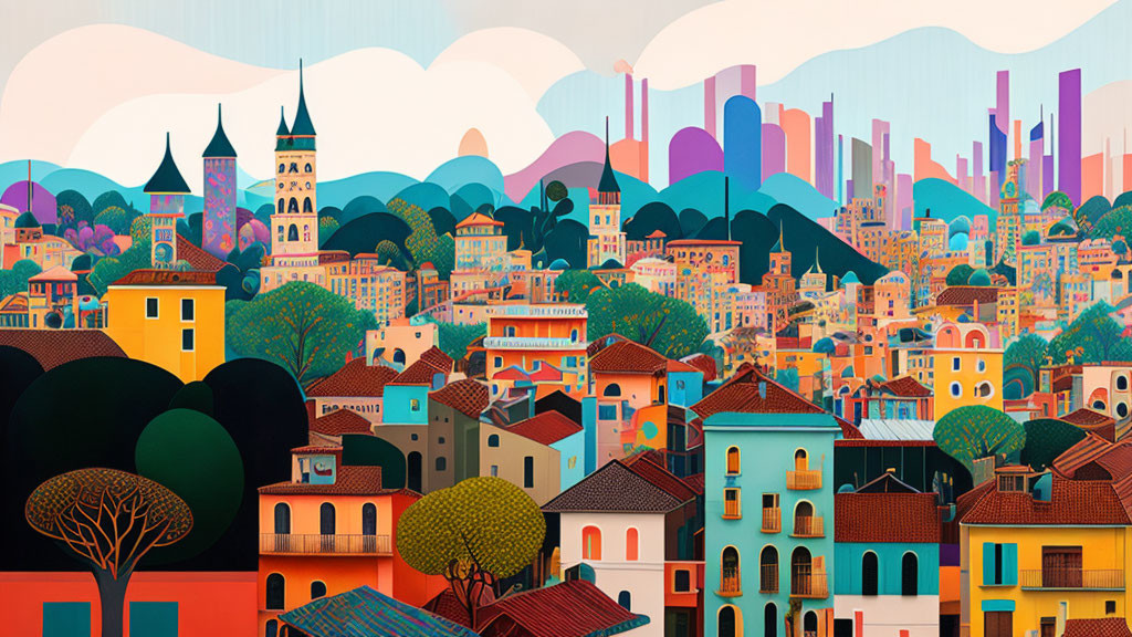 Colorful cityscape illustration with vibrant buildings and trees under a pastel sky