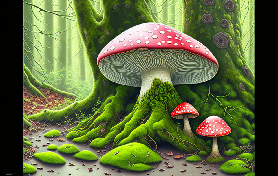 Colorful Mushroom Forest Illustration with Oversized Red-Capped Mushrooms and Mossy Green Background