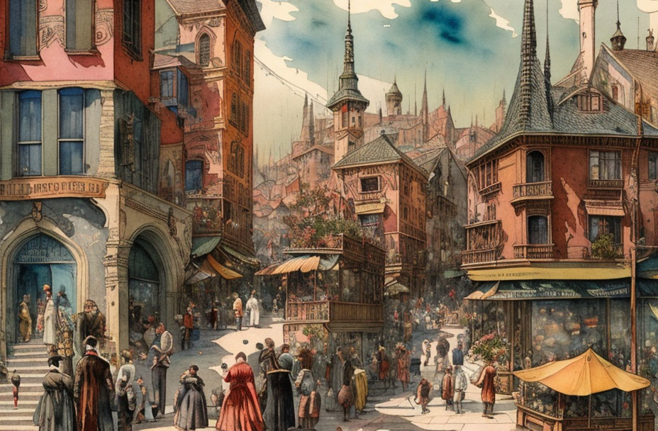 Victorian street scene with period attire, cobblestone roads, brick buildings, and market stalls.