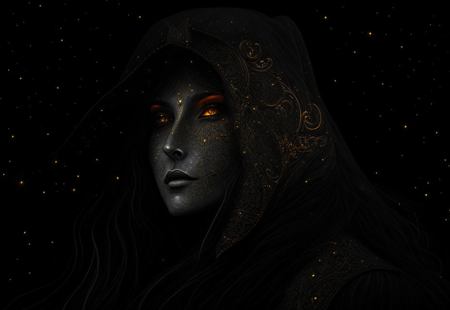 Mystical woman in black cloak with glowing orange eyes against starry sky