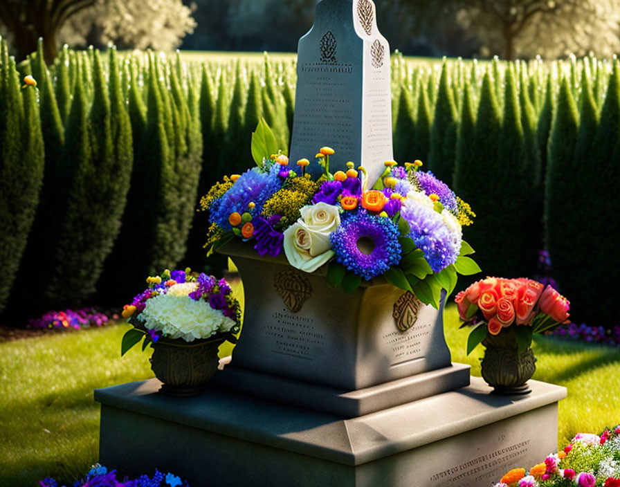 Colorful Floral Arrangement on Stone Memorial in Garden