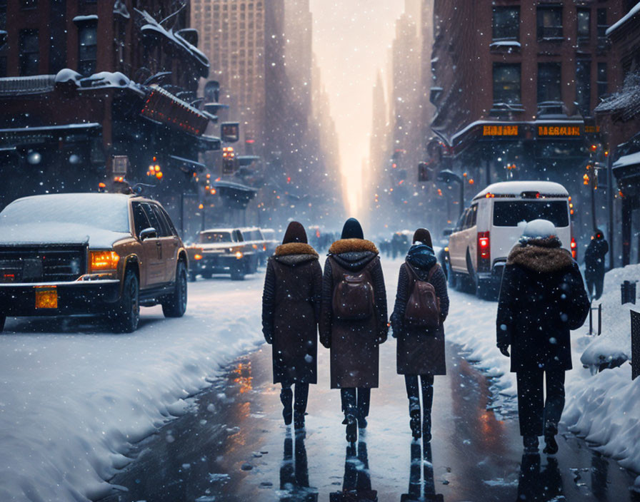 Group of four people walking in snow-covered city street with cars and illuminated signs during snowfall.