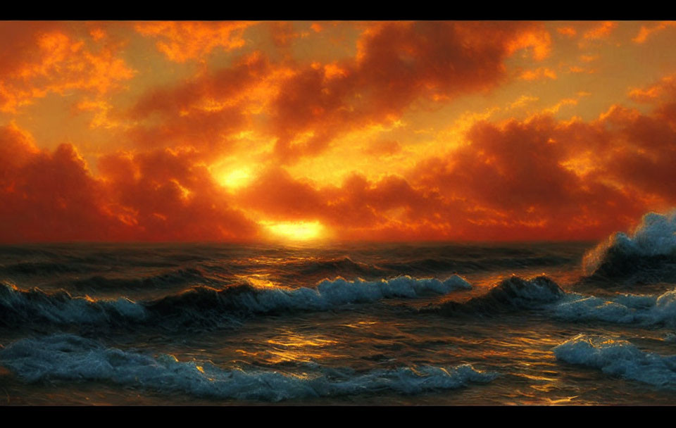 Vibrant sunset over ocean with golden clouds and turbulent waves