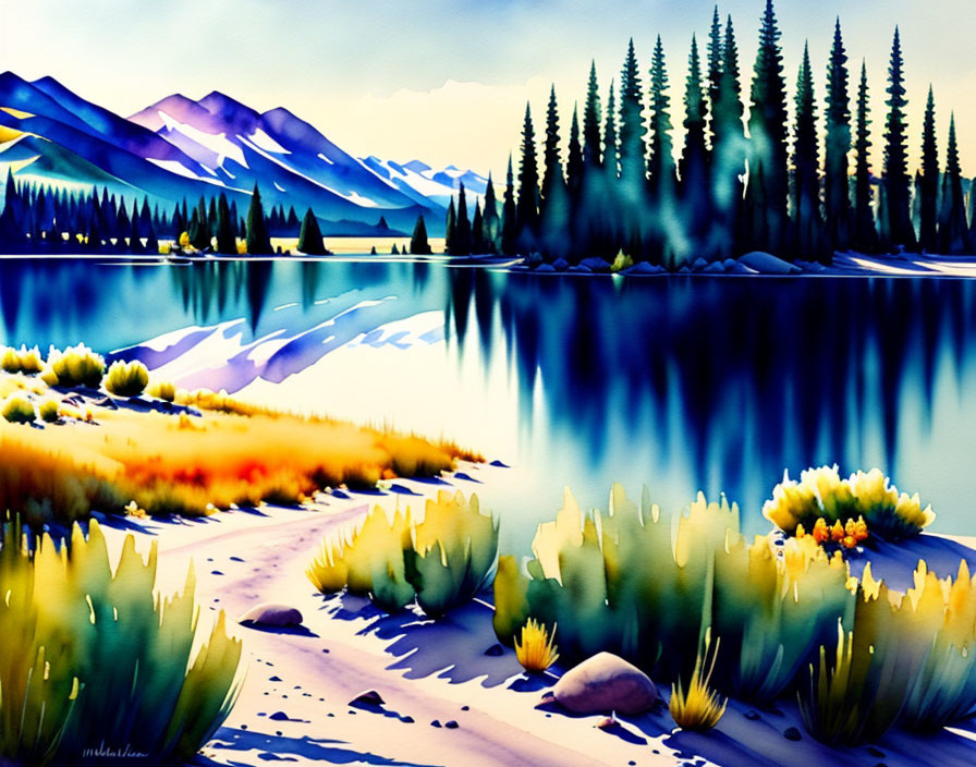 Vividly colored painting of serene lake with pine tree reflection and mountain backdrop