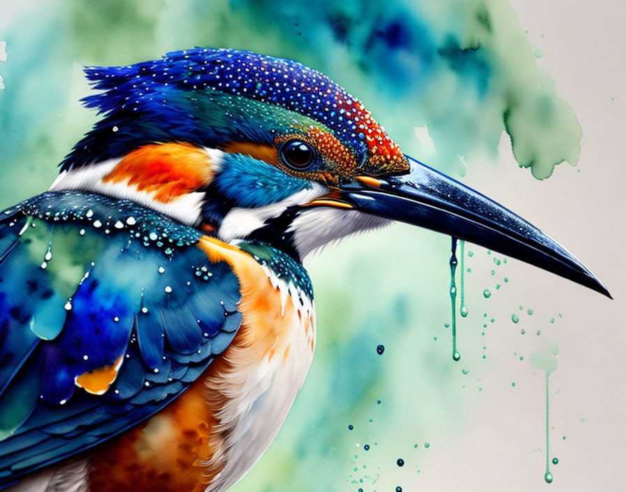 Colorful Kingfisher Bird Illustration with Water Droplets on Feathers