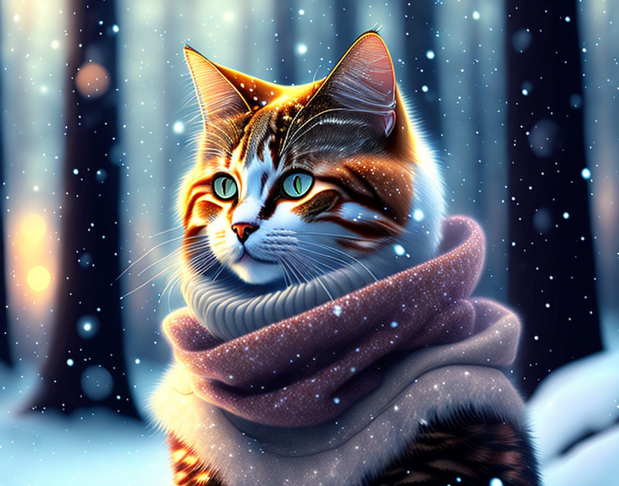 Digital Artwork: Cat with Amber Eyes in Snowfall