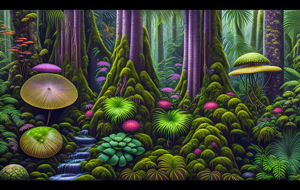 Colorful digital artwork of enchanted forest with oversized mushrooms, waterfall, and glowing flora