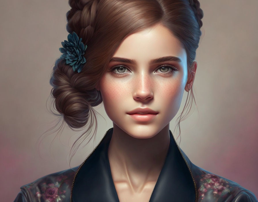 Young woman digital portrait with braided updo and blue flower hair accessory