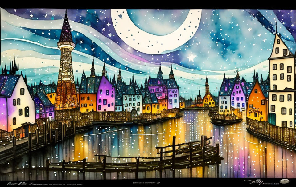 Colorful illustration of magical town under moonlit sky