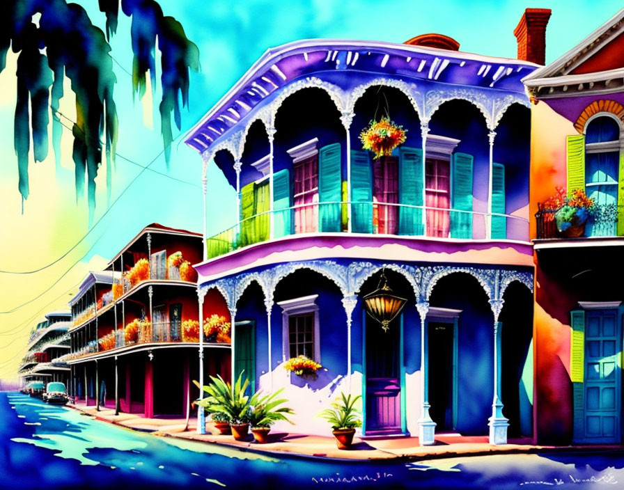 Colorful New Orleans-style street with ornate balconies