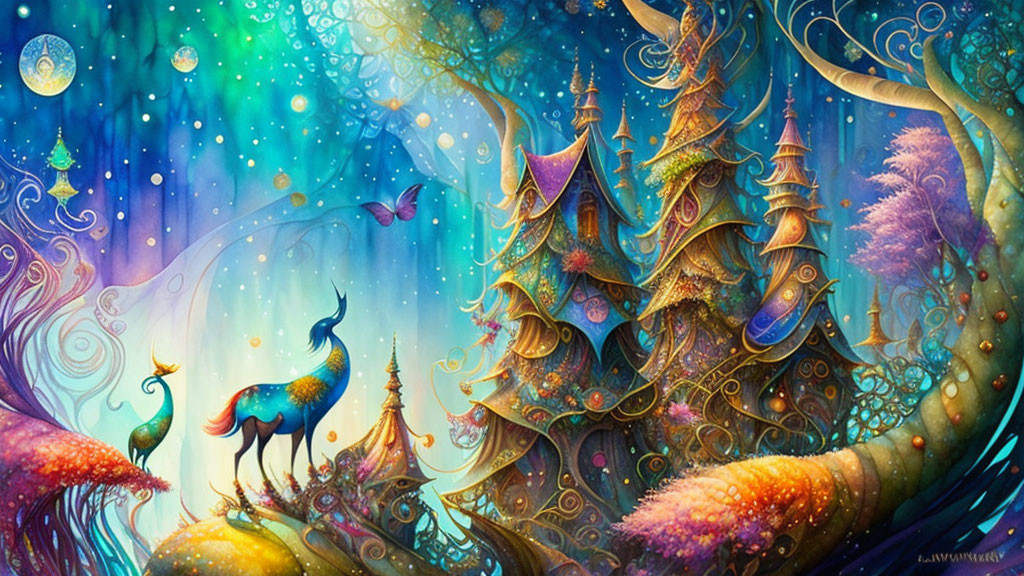 Fantasy landscape with whimsical trees, glowing orbs, peacocks, and stag