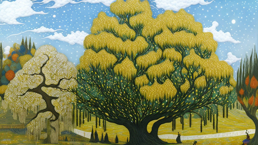 Vibrant landscape painting with rounded tree canopies and small human figures