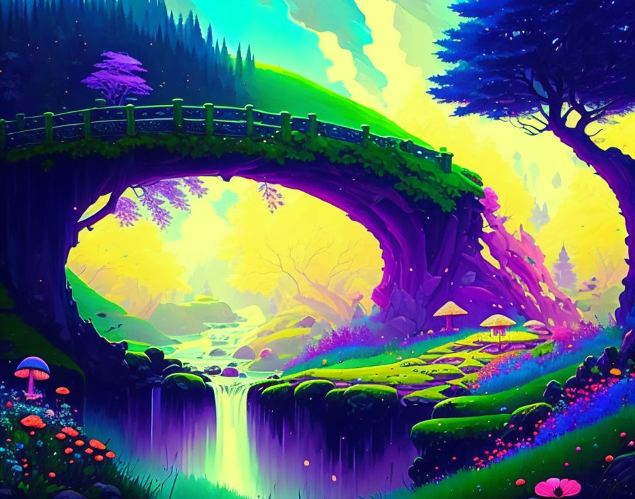 Colorful fantasy landscape with stone bridge, stream, lush trees, flowers