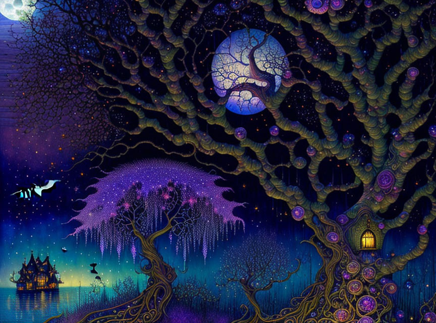 Enchanting night landscape with glowing moon, whimsical tree, and distant castle.