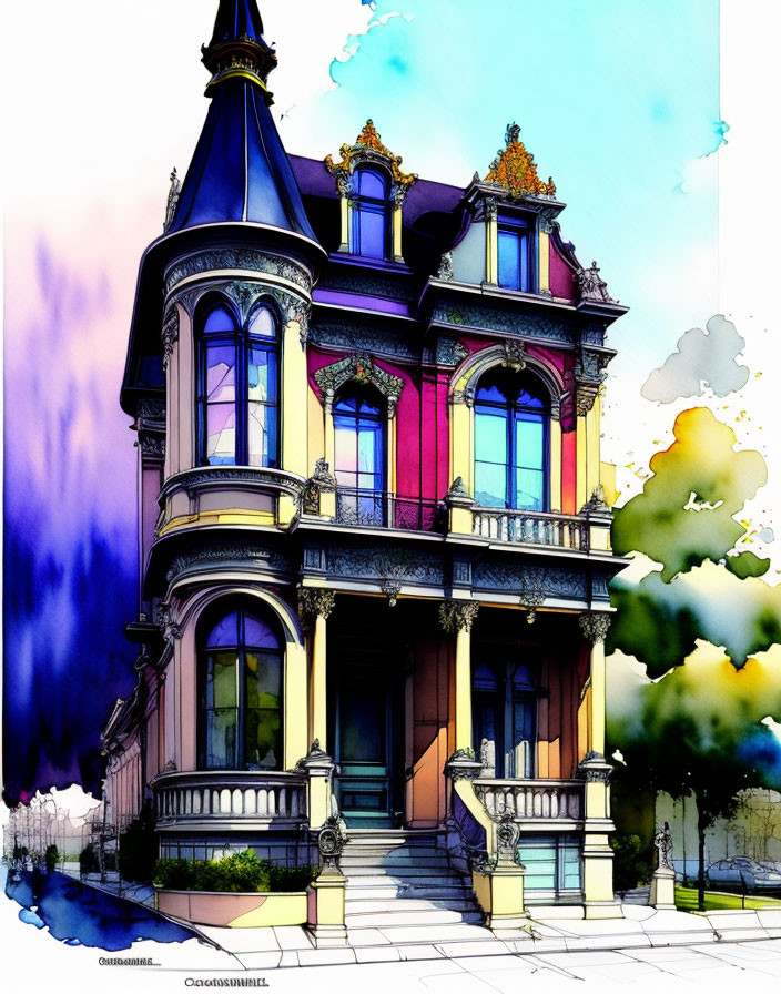 Detailed Victorian-style house illustration with turret and grand staircase.