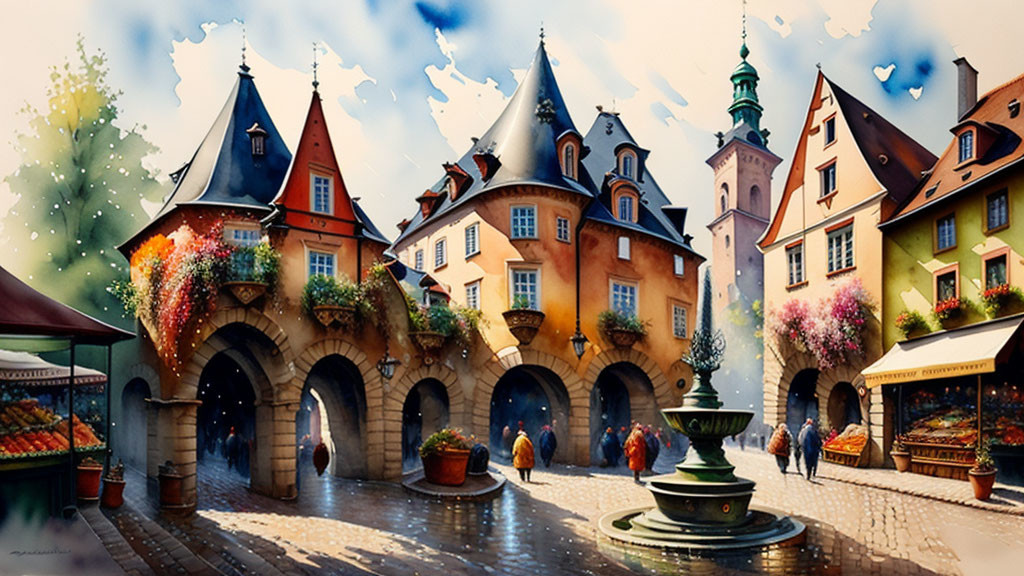 Colorful European Street Scene Painting with Buildings, Fountain, and People