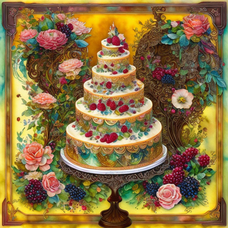 Intricate five-tiered cake with berries, roses, and fairy tale ambiance