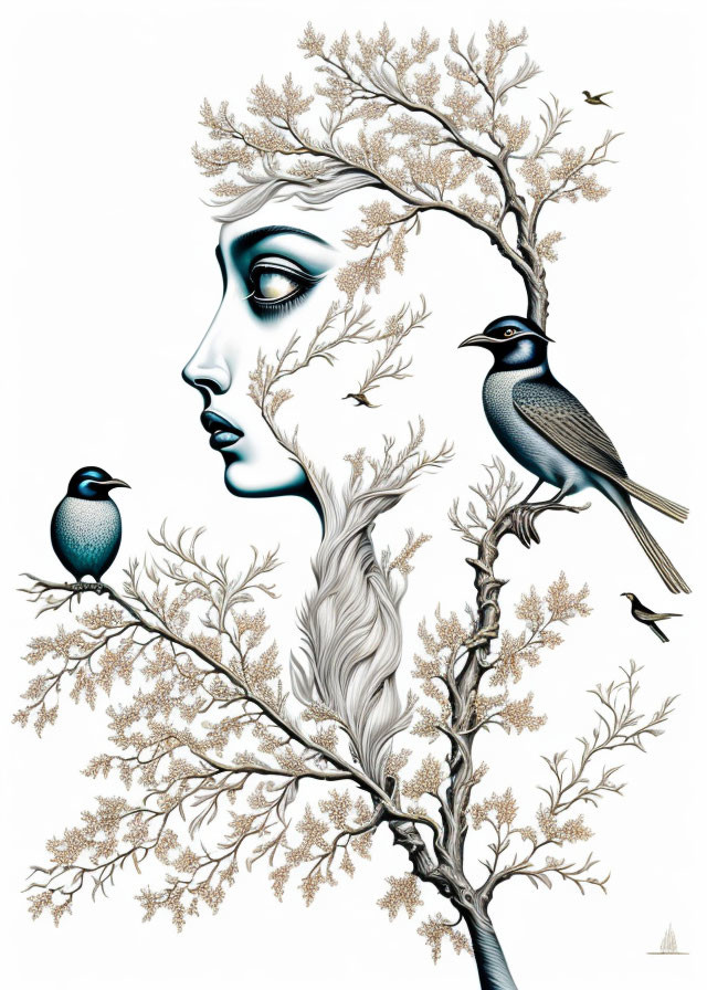 Woman's profile with branch and leaf hair, birds perched - nature and human blend