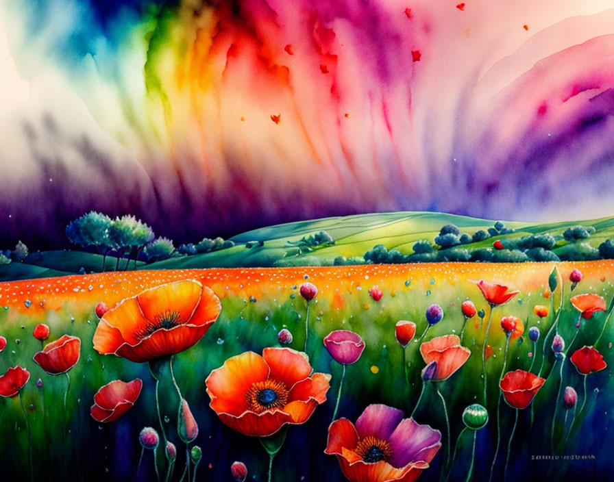 Colorful Watercolor Landscape: Red Poppies Field & Rainbow Sky