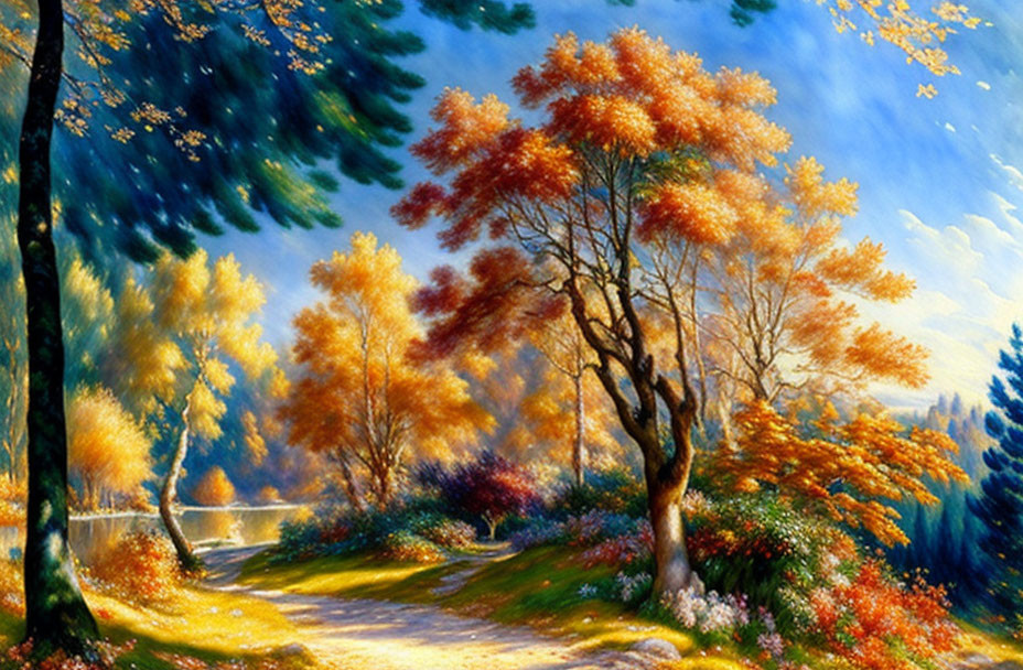 Golden foliage landscape: Serene forest with winding path, clear blue sky