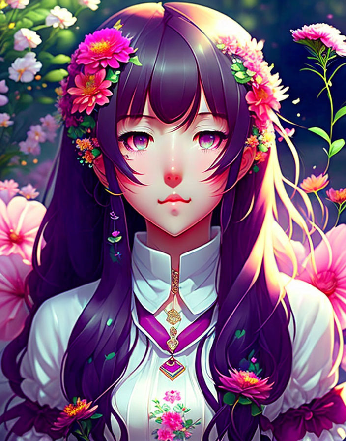 Illustrated female character with long purple hair and purple eyes in white-and-purple outfit against floral background