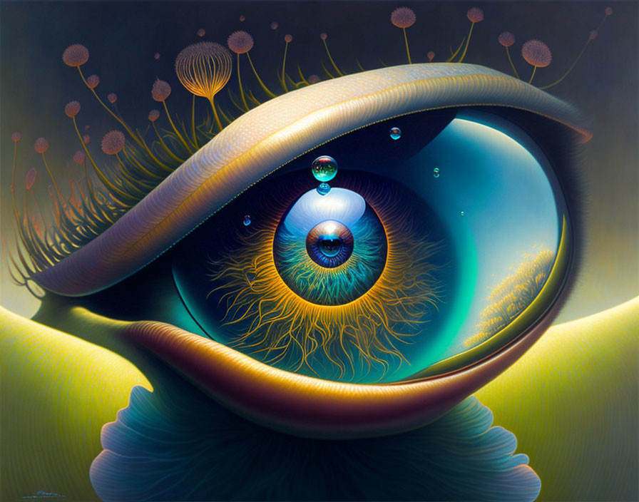 Vibrant surreal eye illustration with detailed iris and underwater theme