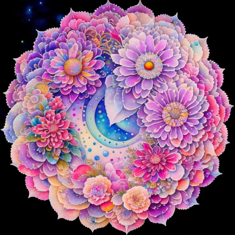 Colorful Floral Mandala Artwork in Pink and Purple Hues